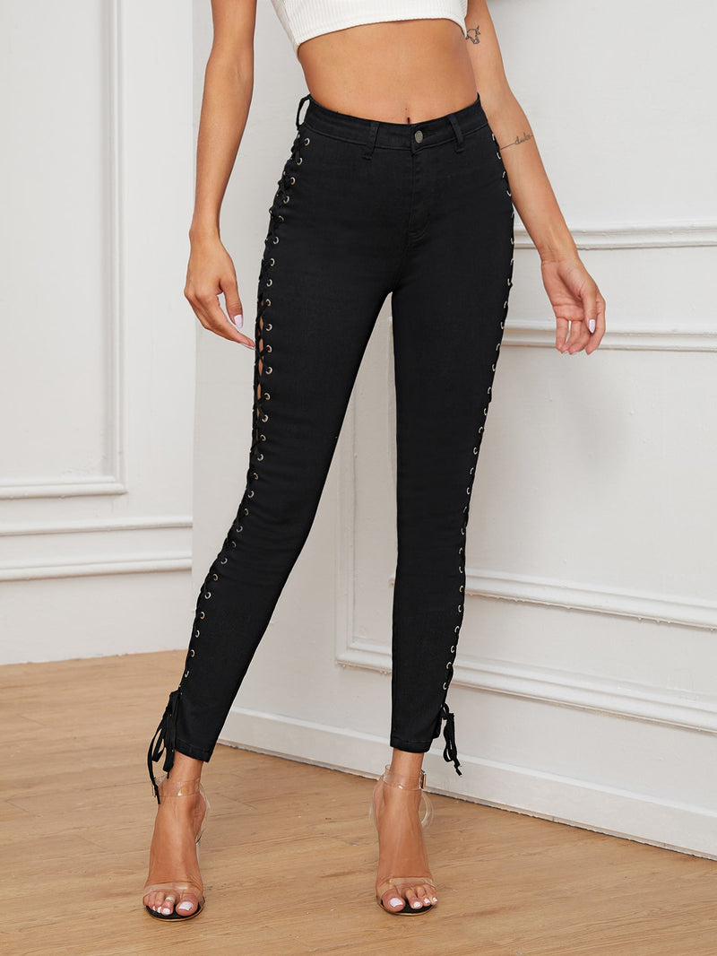 Lace Up Side Jeans - Neshaí Fashion & More