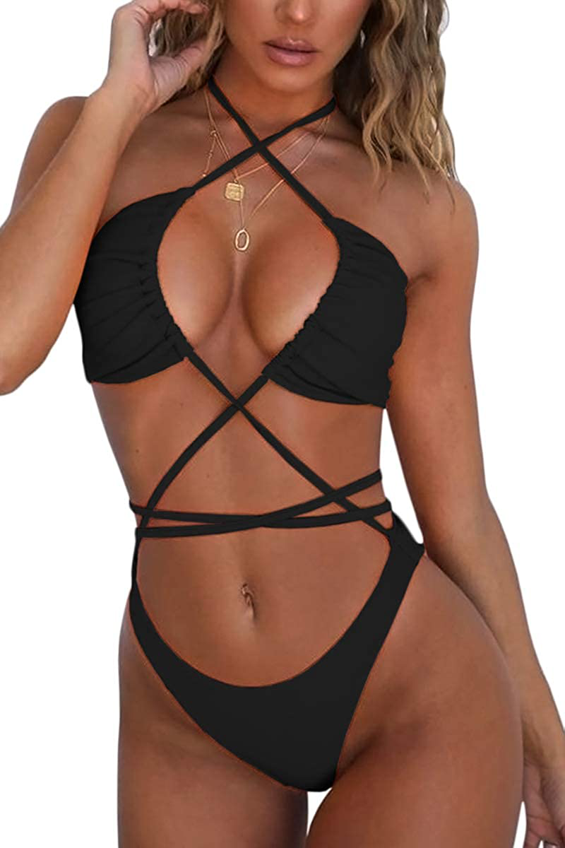 QINSEN Women's Sexy Straps Halter Cross Front High Cut Thong 2 Pieces Bikini 
