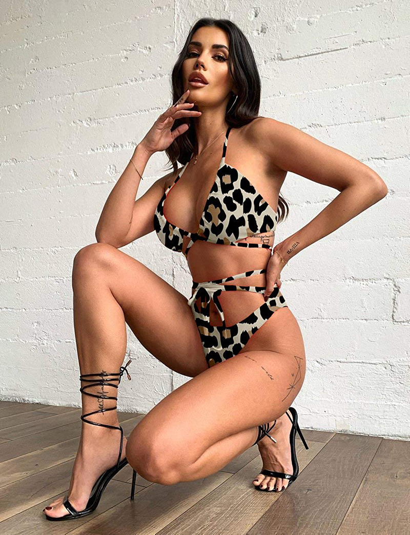 QINSEN Women's Sexy Straps Halter Cross Front High Cut Thong 2 Pieces Bikini 