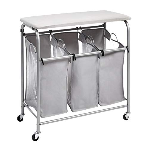 Basics 3-Bag Laundry Sorter with Ironing Board Top, Grey