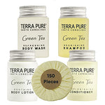 Terra Pure Hotel Soaps and Toiletries Bulk Set | 1-Shoppe All-In-Kit Amenities for Hotels | 1oz Hotel Shampoo & Conditioner, Body Wash, Body Lotion & 1.25oz Bar Soap Travel Size | 150 Pieces