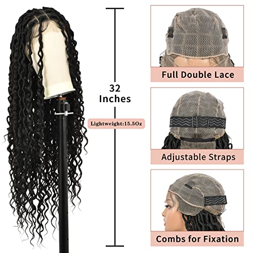 Lexqui 32" Square Knotless Locs Briaded Wigs for Black Women Full Lace Briaded Wig with Boho Curls Synthetic Lace Front Braided Wigs with Baby Hair Dreadlocs Cornrow Briads Wig
