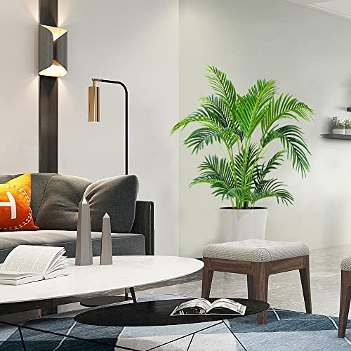 Worth Garden 4ft Artificial Areca Palm Plant, Fake Cane Palm Silk Tree Indoor Outdoor, Dypsis Lutescens, 47in Realistic Faux Silk Plants for Office Decoration, Pot & 20g Dried Green Moss Included