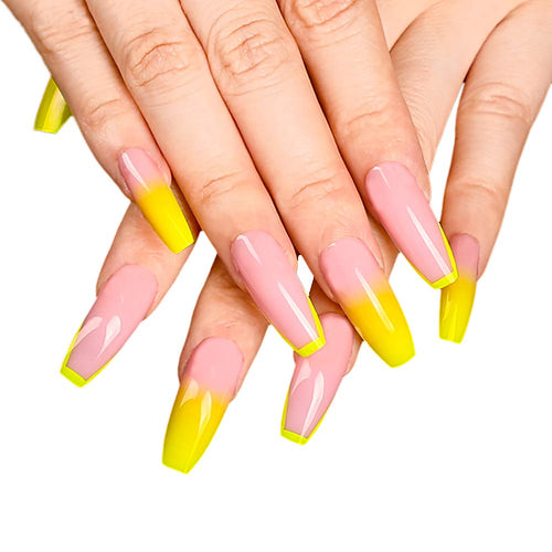 Artquee 24pcs French Pink Yellow Neon Ombre Ballerina Long Coffin Glossy Fake Nails Press on Nail False Tips Manicure for Women and Girls - Neshaí Fashion & More