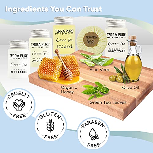 Terra Pure Hotel Soaps and Toiletries Bulk Set | 1-Shoppe All-In-Kit Amenities for Hotels | 1oz Hotel Shampoo & Conditioner, Body Wash, Body Lotion & 1.25oz Bar Soap Travel Size | 150 Pieces