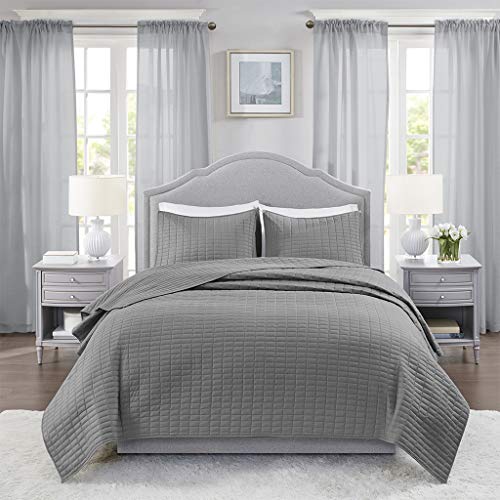 Comfort Spaces Kienna Quilt Set-Luxury Double Sided Stitching Design All Season, Lightweight, Coverlet Bedspread Bedding, Matching Shams, Full/Queen(90"x90"), Charcoal Grey 3 Piece