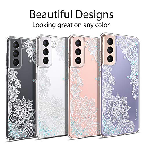 Coolwee Clear Glitter phone case- Galaxy S21 Case Thin Flower Slim Cute Crystal Lace Bling Shiny Women Girls Floral Plastic Hard Back Soft  Mandala Henna - Neshaí Fashion & More