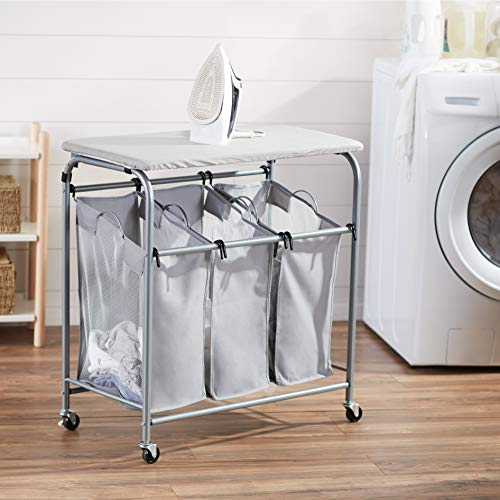 Basics 3-Bag Laundry Sorter with Ironing Board Top, Grey