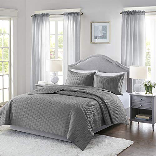 Comfort Spaces Kienna Quilt Set-Luxury Double Sided Stitching Design All Season, Lightweight, Coverlet Bedspread Bedding, Matching Shams, Full/Queen(90"x90"), Charcoal Grey 3 Piece