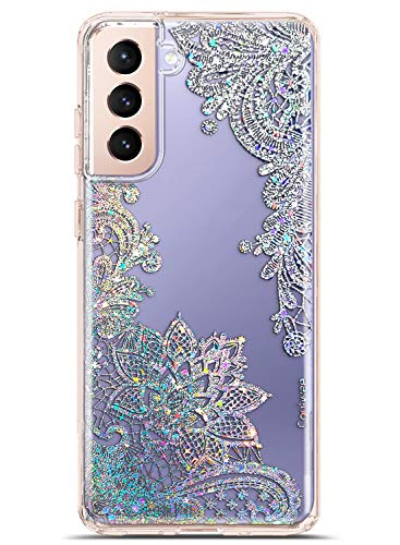 Coolwee Clear Glitter phone case- Galaxy S21 Case Thin Flower Slim Cute Crystal Lace Bling Shiny Women Girls Floral Plastic Hard Back Soft  Mandala Henna - Neshaí Fashion & More
