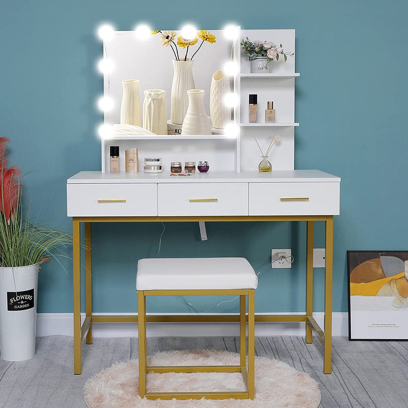 Iwell Large Vanity Set with 10 LEDs Lighted Mirror, Vanity Table with 3 Drawers & 2 Shelves, Makeup Table with Padded Cushioned Stool, Vanity Dressing Table, Gift for Women Girls, Bedroom, White - Neshaí Fashion & More