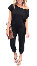 PRETTYGARDEN Women's Loose Solid Off Shoulder Elastic Waist Stretchy Long Romper Jumpsuit with Pockets Black - Neshaí Fashion & More
