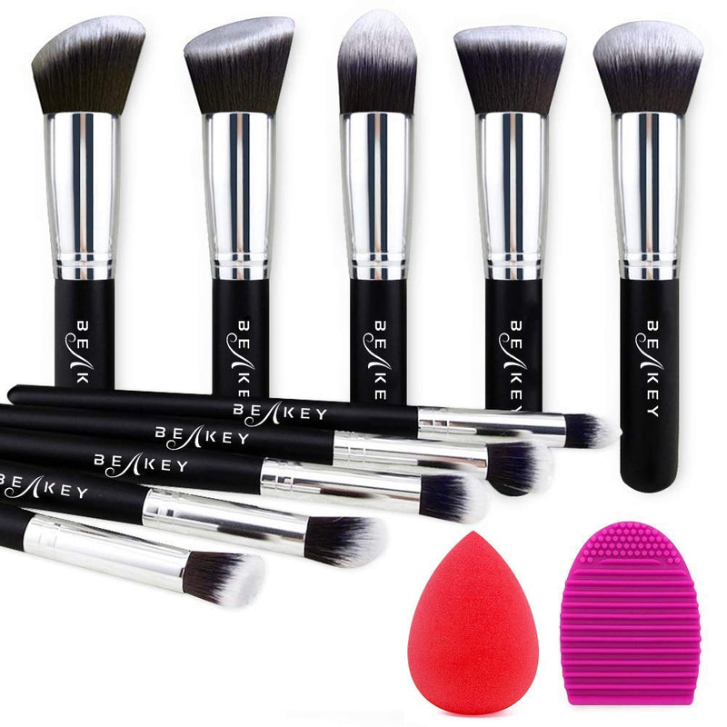BEAKEY Makeup Brush Set, Premium Synthetic Kabuki Foundation Face Powder Blush Eyeshadow Brushes Makeup Brush Kit with Blender Sponge and Brush Cleaner (10+2pcs, Black/Silver) - Neshaí Fashion & More