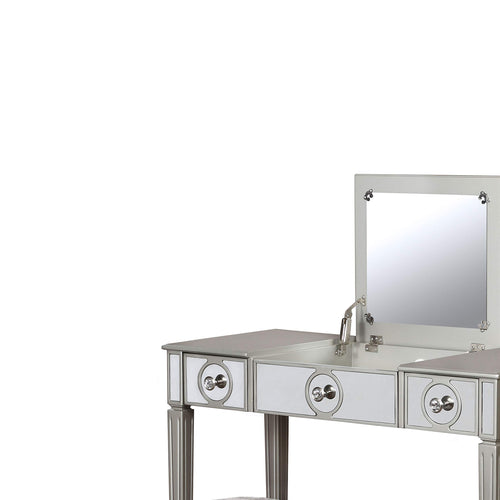 Benjara 2 Drawer Flip Top Wooden Vanity Set with Mirrored Accents, Silver and Gray - Neshaí Fashion & More