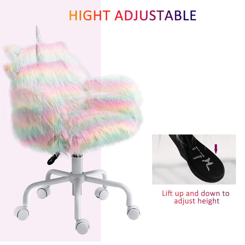 HOMCOM Fluffy Unicorn Office Chair with Mid-Back and Armrest Support, 5 Star Swivel Wheel White Base, Rainbow - Neshaí Fashion & More