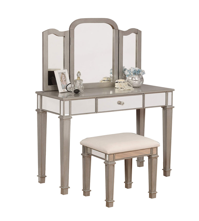 Benjara Wooden Vanity Set with One Drawer and Tri Fold Mirror, Gray and Silver - Neshaí Fashion & More