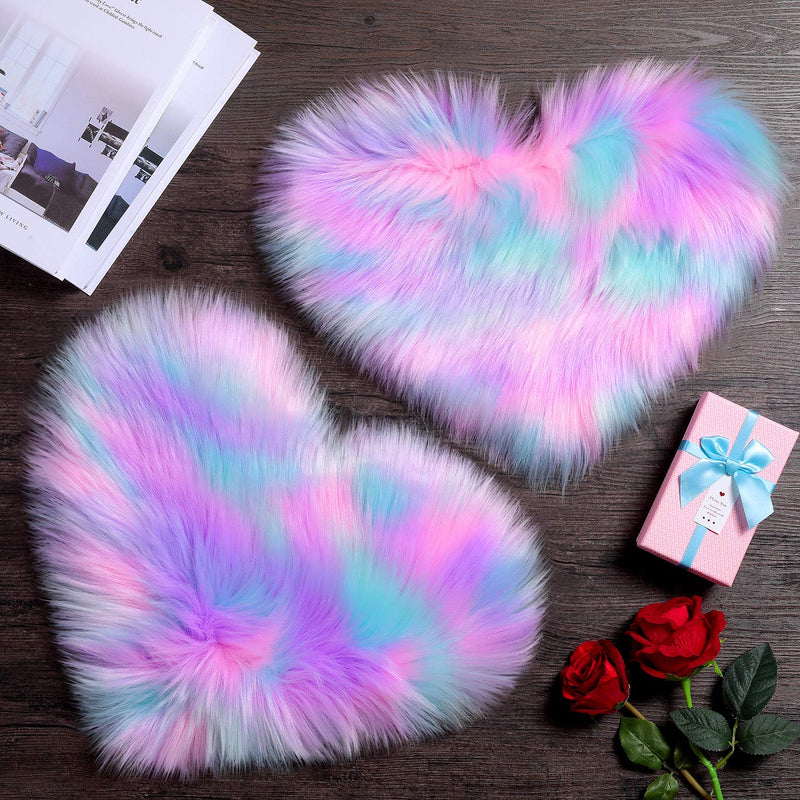 2 Pieces Fluffy Faux Sheepskin Area Rug Heart Shaped Rug Fluffy Room Carpet for Home Living Room Sofa Floor Bedroom, 12 x 16 Inch (Purple, Blue, Pink) - Neshaí Fashion & More