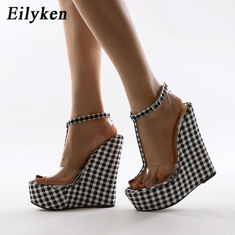 Checker wedge Sandals Femme Ankle Buckle Strap Platform High Heels PVC Transparent
