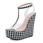 Checker wedge Sandals Femme Ankle Buckle Strap Platform High Heels PVC Transparent