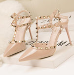 Roman fashion rivet sandals 10CM PUMPS Woman shoes Sexy nightclub stiletto heels patent-leather metallic rivet hollow
