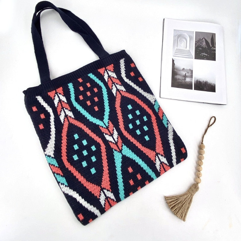 Lady Knitting Gypsy Bohemian Boho Chic Aztec Tote Bag