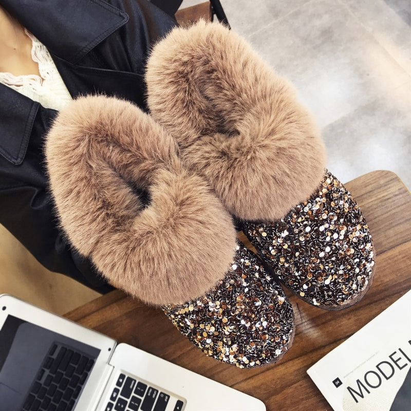Sequin  Low Slide Furry Boots - Neshaí Fashion & More