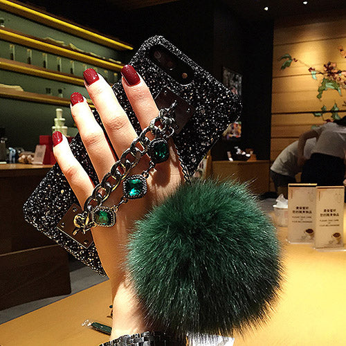 Glitter Bling Cases with Fur Ball Cover For iPhone and Samsung - Neshaí Fashion & More