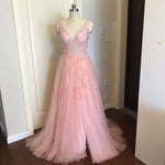 P V neck Pink High Split Tulle Sweep Train Sleeveles dress - Neshaí Fashion & More