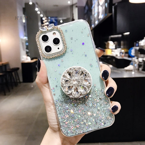 Green Glitter marble diamond ring holder silicone phone case for iphone 7 8 6 S plus X XR XS 11 Pro MAX for samsung S8 S9 S10 Note 8 9 - Neshaí Fashion & More