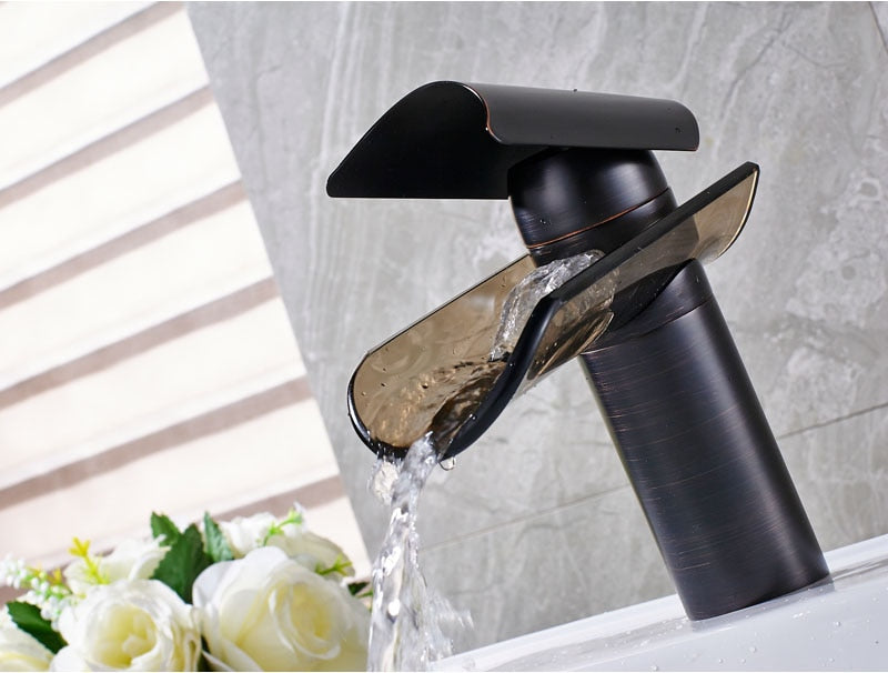 Deck Mounted Glass Spout Basin Faucet Single Handle Waterfall Bathroom - Neshaí Fashion & More