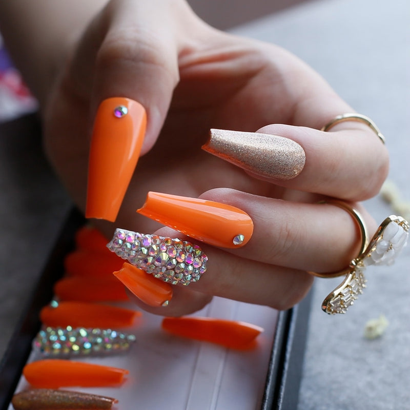 Orange Extra long coffin Press On nails - Neshaí Fashion & More