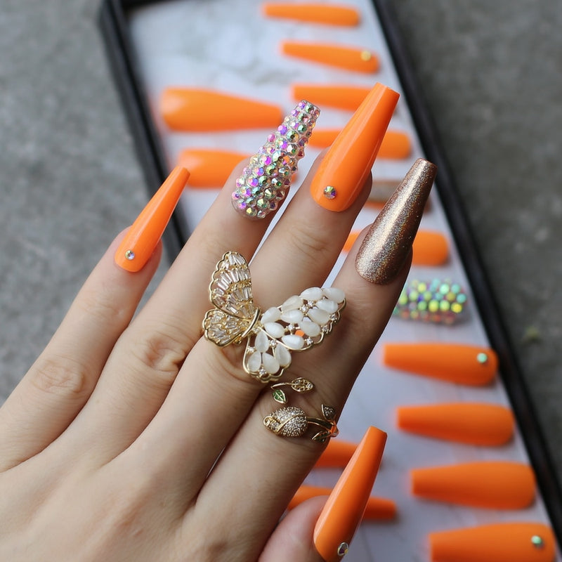 Orange Extra long coffin Press On nails - Neshaí Fashion & More