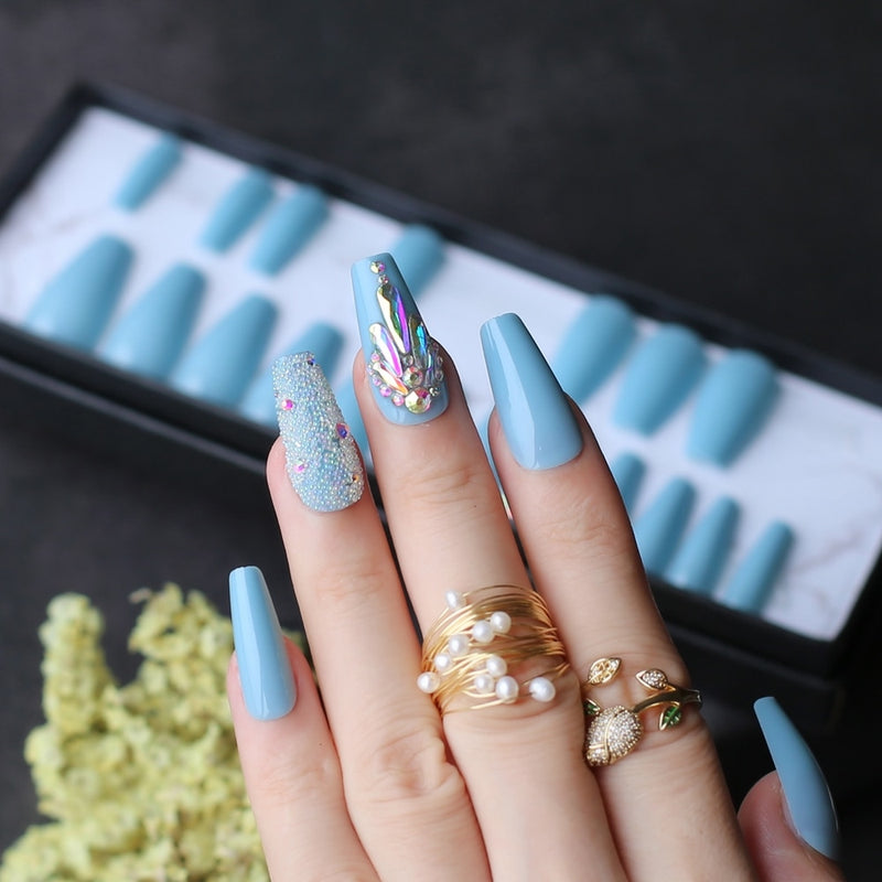 Sky blue - Pink - black sparkling Press On nails - Neshaí Fashion & More