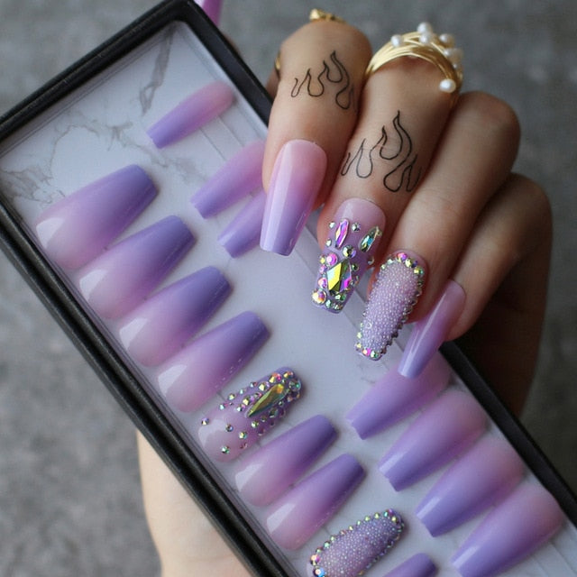 ombre  coffin false nails Crystal design - Neshaí Fashion & More