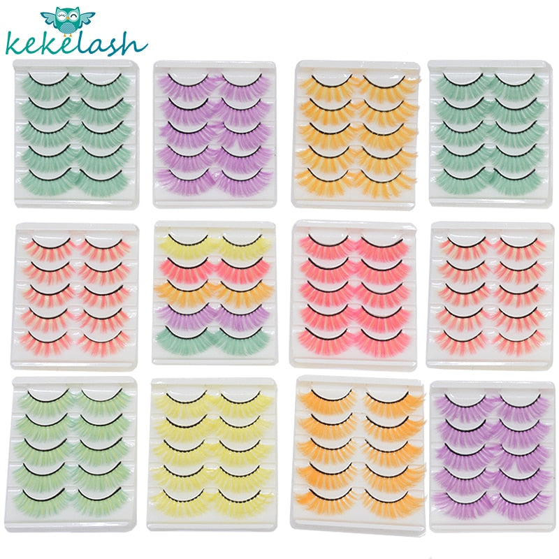 5 Pairs Red, Green, Yellow, Pink Colored Eyelashes - Neshaí Fashion & More