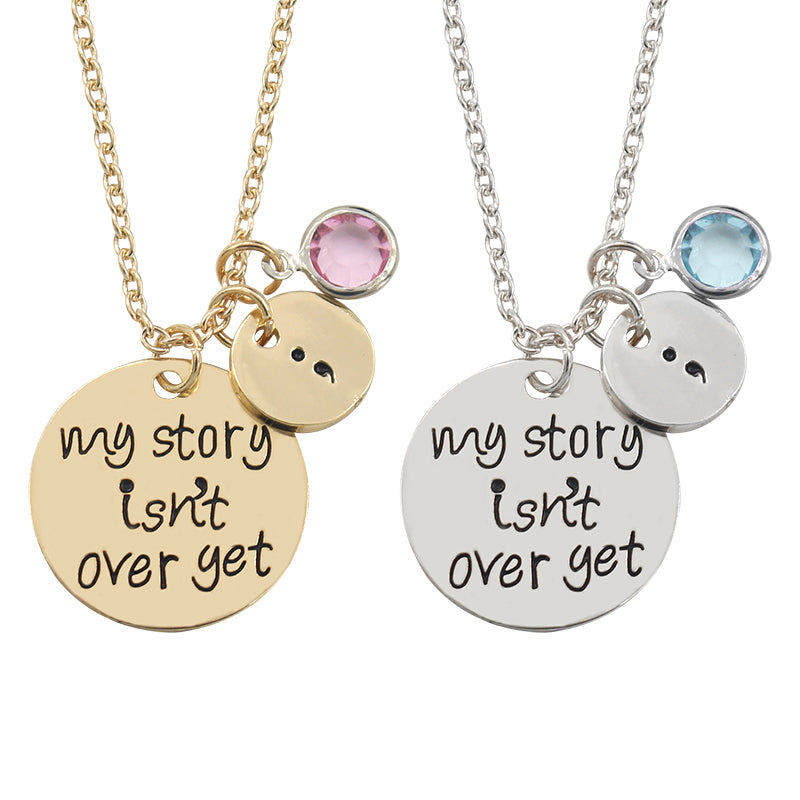 My Story Isn't Over Yet Semicolon Necklace Pink Blue Crystal Bead Charm - Neshaí Fashion & More