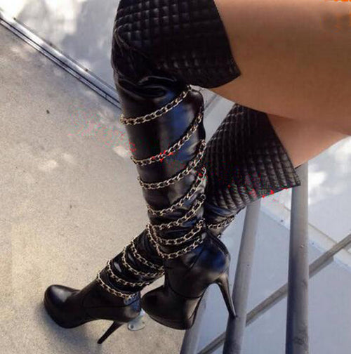 Round Toe Chains Design High Platform Over Knee Boots - Neshaí Fashion & More