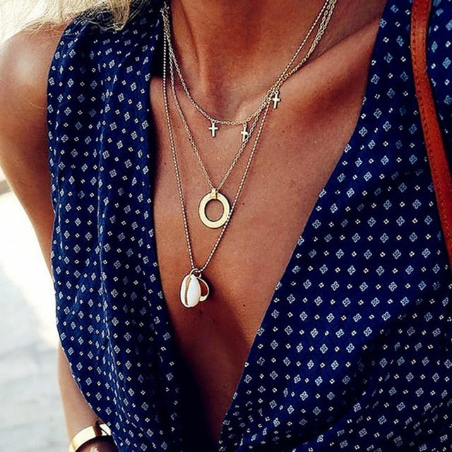 Golden Geometric Charm Chains Necklace Jewelry Wholesale - Neshaí Fashion & More