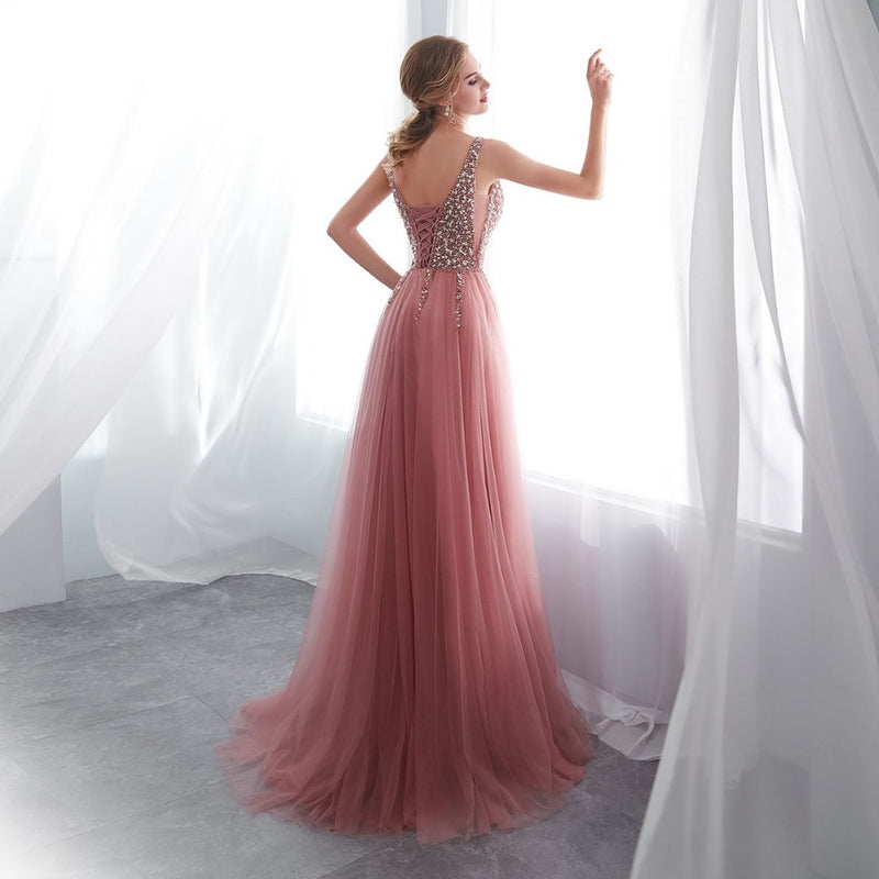 R V neck Pink High Split Tulle Sweep Train Sleeveles dress - Neshaí Fashion & More
