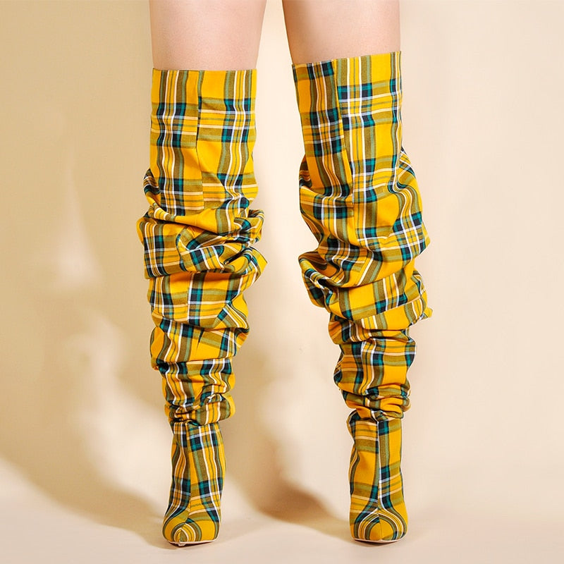 Limited Edition Thigh High Boots Plaid - Neshaí Fashion & More